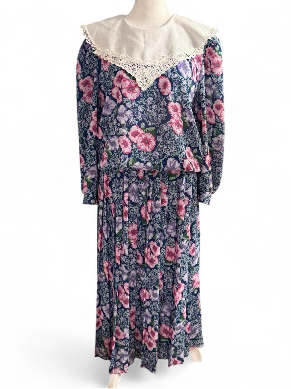 Vintage 80’s Lisa II Floral Midi Dress with Lace Collar - Size 14